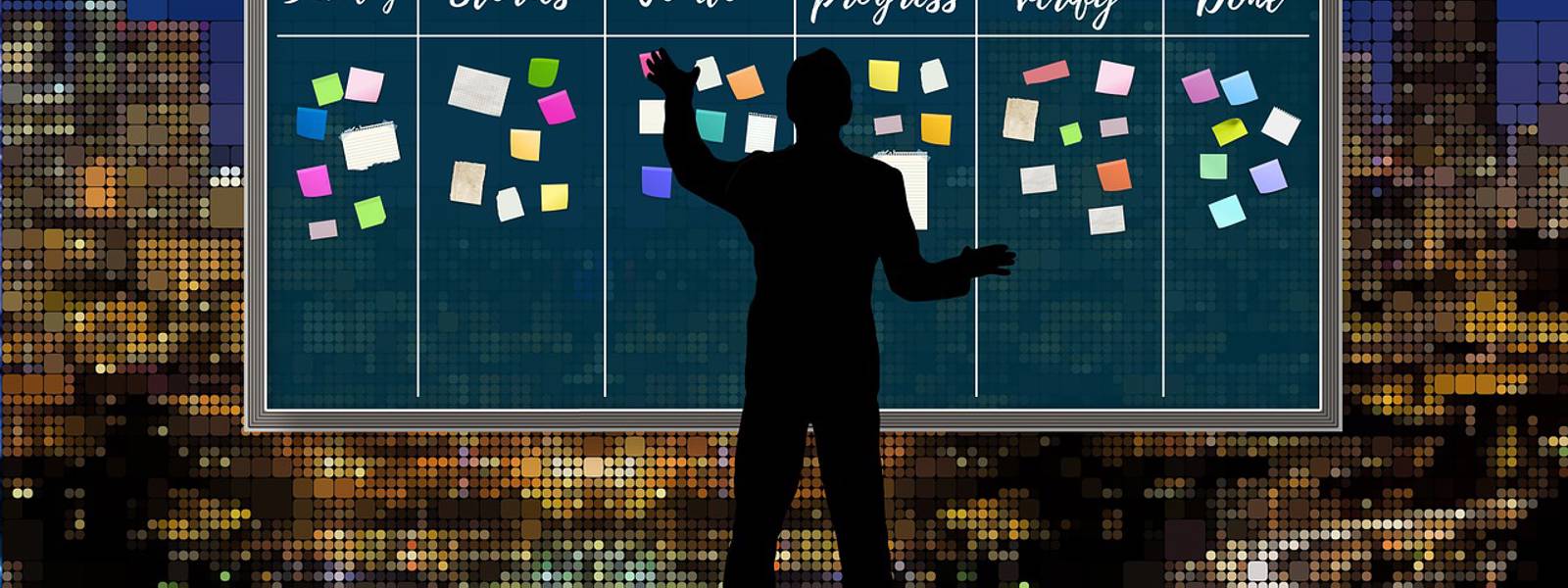 Silhouette of a person organising tasks on a Kanban board with sticky notes.