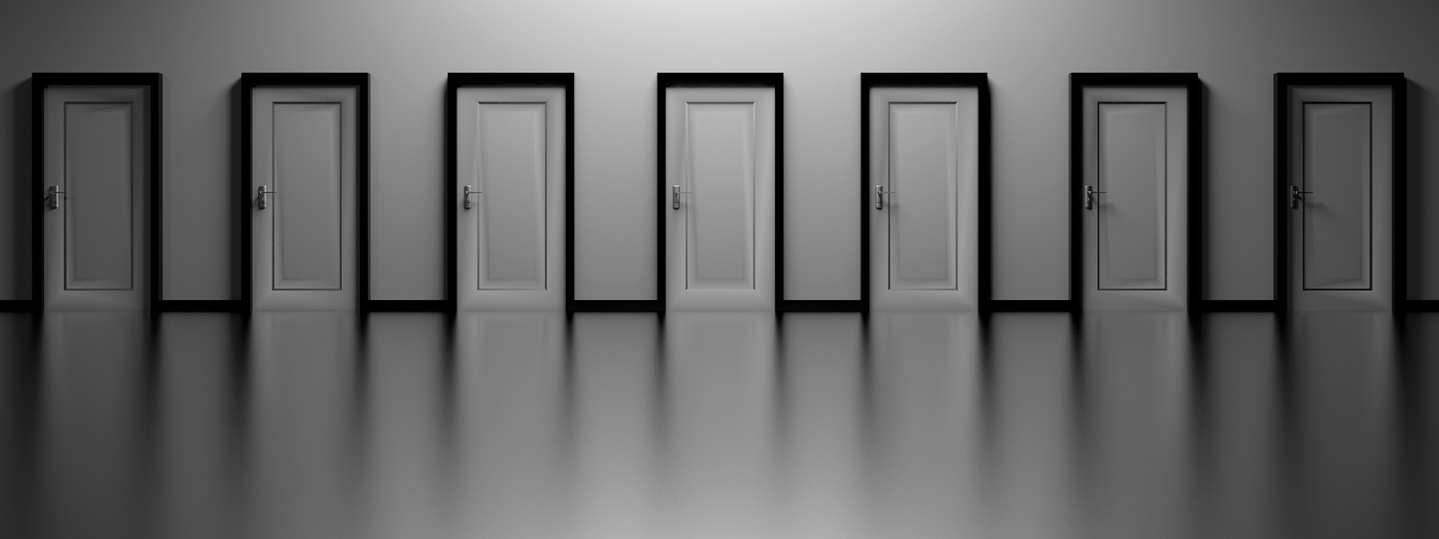 A row of closed doors against a minimalist grey background.